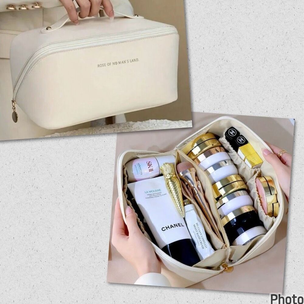 NWT Gorgeous Ivory Multi Compartments Travel Big Organizer Makeup Cosmetics Bag